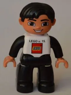 Duplo Figure Lego Ville, Male, Black Legs, White Top, Black Arms, Black Hair, LEGO Logo on Front - Hungarian Lego Factory Employee Gift