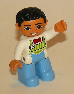 Duplo Figure Lego Ville, Male, Medium Blue Legs, Lime Striped Apron, Red Bow Tie, Black Hair