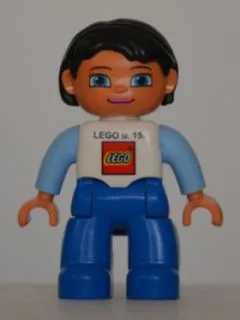 Duplo Figure Lego Ville, Female, Blue Legs, White Top, Bright Light Blue Arms, Black Hair, LEGO Logo on Front - Employee Gift