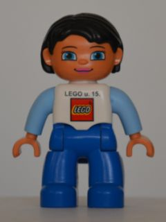 Duplo Figure Lego Ville, Female, Blue Legs, White Top, Bright Light Blue Arms, Black Hair, LEGO Logo on Front - Employee Gift