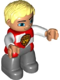 Duplo Figure Lego Ville, Male Castle, Dark Bluish Gray Legs, Red and White Chest with Lion on Shield, Bright Light Yellow Hair, Blue Eyes