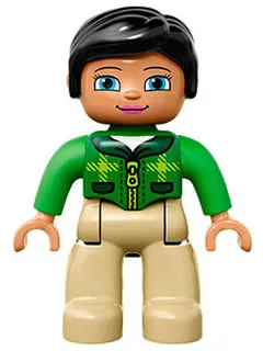 Duplo Figure Lego Ville, Female, Tan Legs, Green Top with Tartan Plaid and Zipper, Bright Green Arms, Black Hair (6138772)