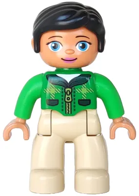 Duplo Figure Lego Ville, Female, Tan Legs, Green Top with Tartan Plaid and Zipper, Bright Green Arms, Black Hair, Oval Eyes (6183830 / 6203756 / 6273383)
