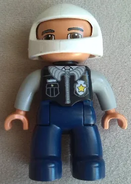 Duplo Figure Lego Ville, Male Police, Dark Blue Legs, Black Top with Badge, Light Bluish Gray Arms, White Helmet