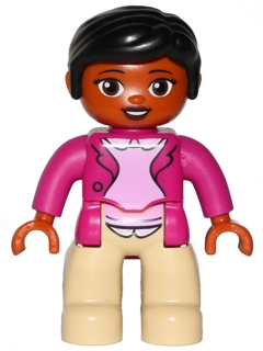 Duplo Figure Lego Ville, Female, Tan Legs, Magenta Jacket and Pink Blouse Pattern, Black Hair, Brown Eyes