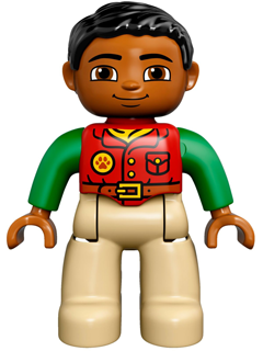 Duplo Figure Lego Ville, Male, Tan Legs, Red Shirt, Black Hair, Bright Green Arms