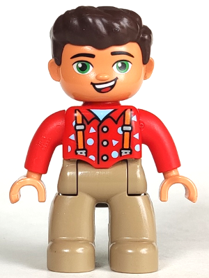 Duplo Figure Lego Ville, Male, Dark Tan Legs, Red Top with Suspenders, Dark Brown Hair