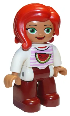 Duplo Figure Lego Ville, Female, Dark Red Legs, White Top with Bright Pink Stripes and Watermelon Pattern, Green Eyes, Red Hair