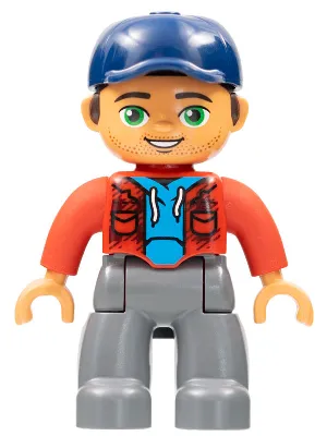 Duplo Figure Lego Ville, Male, Dark Bluish Gray Legs, Red Jacket, Medium Azure Shirt, Dark Blue Cap