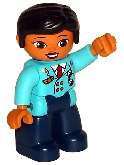 Duplo Figure Lego Ville, Female Pilot, Dark Blue Legs, Medium Azure Top with Red Tie, Black Hair (6273387)