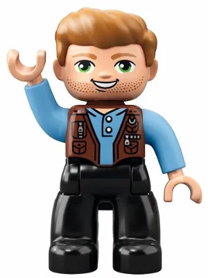Duplo Figure Lego Ville, Male, Black Legs, Medium Blue Shirt over Reddish Brown Vest, Dark Tan Hair (Jurassic World Owen Grady)