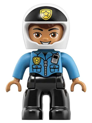 Duplo Figure Lego Ville, Male Police, Black Legs, Dark Azure Top with Badge and Radio, White Helmet with Black Front and Badge (6252672)