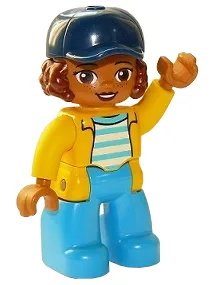 Duplo Figure Lego Ville, Female, Dark Azure Legs, White Top with Medium Azure Stripes and Yellow Jacket, Reddish Brown Hair and Dark Blue Cap (6264312)
