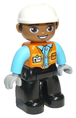 Duplo Figure Lego Ville, Male, Black Legs, Orange Vest with Badge and Pocket, Medium Azure Arms, Light Bluish Gray Hands, White Construction Helmet (6308180)