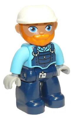 Duplo Figure Lego Ville, Male, Dark Blue Legs, Medium Azure Top with Dark Blue Overalls, White Construction Helmet, Orange Beard (6307376)