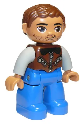 Duplo Figure Lego Ville, Male, Blue Legs, Reddish Brown Jacket with Zippers, Light Bluish Gray Arms, Reddish Brown Hair, Brown Oval Eyes