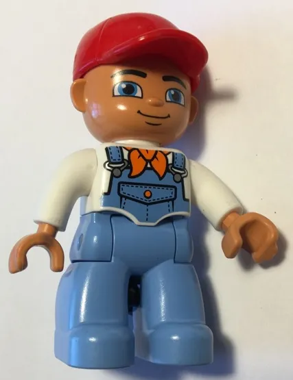 Duplo Figure Lego Ville, Male, Medium Blue Legs, White Top with Medium Blue Overalls, Bandana, Red Cap