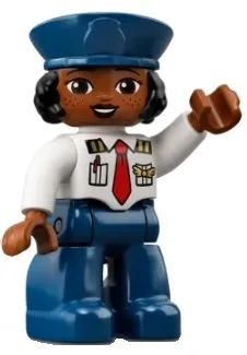 Duplo Figure Lego Ville, Female Pilot, Dark Blue Legs, White Top with Red Tie, Dark Blue Hat with Black Hair (6361060)