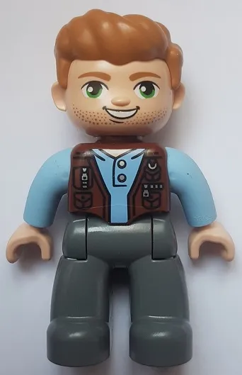 Duplo Figure Lego Ville, Male, Dark Bluish Gray Legs, Reddish Brown Vest, Dark Tan Hair (Jurassic World Owen Grady)