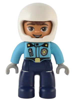 Duplo Figure Lego Ville, Male Police, Dark Blue Legs, Medium Azure Top with Badge and Zipper, White Helmet (6374643)