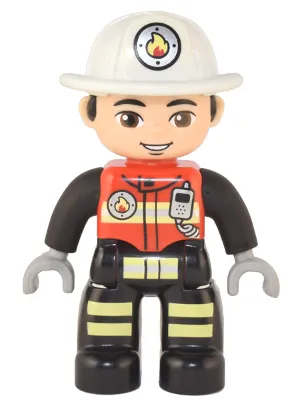 Duplo Figure Lego Ville, Male Firefighter, Black Legs with Reflective Stripes, Red Vest with Silver Fire Badge and Radio, Light Nougat Face, White Helmet with Fire Badge (6374293)