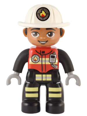 Duplo Figure Lego Ville, Male Firefighter, Black Legs with Reflective Stripes, Red Vest with Silver Fire Badge and Radio, Medium Nougat Face, White Helmet with Fire Badge (6373860)