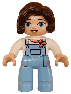 Duplo Figure Lego Ville, Female, Bright Light Blue Legs with Overalls, White Top, Dark Brown Hair (6427981)