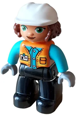 Duplo Figure Lego Ville, Female, Black Legs, Orange Vest with Name Tag and Pocket Pattern, Medium Azure Shirt, Light Bluish Gray Hands, White Construction Helmet (6427943)