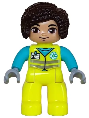 Duplo Figure Lego Ville, Female Garbage Worker, Neon Yellow Uniform, Medium Azure Shirt with White Name Badge and Recycle Logo Pattern, Dark Brown Hair (6446215)