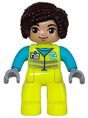 Duplo Figure Lego Ville, Female Garbage Worker, Neon Yellow Uniform, Medium Azure Shirt with White Name Badge and Recycle Logo Pattern, Dark Brown Hair (6446215)