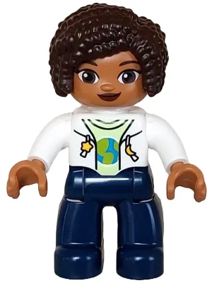 Duplo Figure Lego Ville, Female, Dark Blue Legs, White Vest with Star and Moon Fasteners Pattern, Yellowish Green Shirt, Dark Brown Hair (6442943)