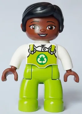 Duplo Figure Lego Ville, Female, Lime Legs with Overalls and Recycling Logo, Black Hair (6464666)
