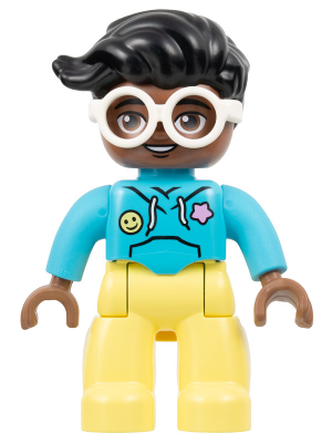 Duplo Figure Lego Ville, Female, Bright Light Yellow Legs, Medium Azure Hoodie Shirt, White Glasses, Black Hair (6446173)
