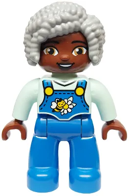 Duplo Figure Lego Ville, Female, Blue Legs with Overalls, Bee and Daisy, Light Bluish Gray Hair (6469007, 6569838)