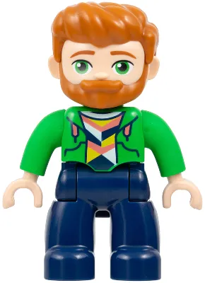 Duplo Figure Lego Ville, Male, Dark Blue Legs, Bright Green Hoodie over Coral, White and Yellow Shirt, Dark Orange Hair and Beard (6534760 / 6566997)