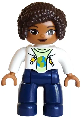 Duplo Figure Lego Ville, Female, Dark Blue Legs, White Jacket over Yellowish Green Shirt with Blue and Lime Planet, Yellow Star and Moon Pattern, Dark Brown Hair (6442943 / 6604625)