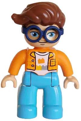 Duplo Figure Lego Ville, Male, Medium Azure Legs, Orange Plaid Jacket over White Shirt with Silver Buttons, Yellow Collar and Pocket, Bricks Pattern, Reddish Brown Hair, Attached Dark Blue Glasses (6491600 / 6569839)
