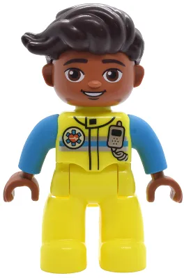 Duplo Figure Lego Ville, Male, Neon Yellow Legs, Uniform Vest with Silver and Dark Azure Stripes, Radio and EMT Star of Life Pattern, Dark Brown Hair (6527690 / 6569862)