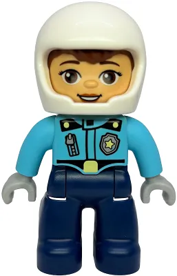 Duplo Figure Lego Ville, Female Police, Dark Blue Legs, Medium Azure Top with Badge and Zipper, White Helmet (6586684)