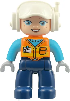 Duplo Figure Lego Ville, Female, Construction Worker, Dark Blue Legs, Orange Vest with Name Tag, Medium Azure Shirt, Light Bluish Gray Hands, White Helmet (6585429)