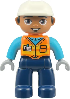 Duplo Figure Lego Ville, Male, Construction Worker, Dark Blue Legs, Orange Vest with Name Tag, Medium Azure Shirt, Light Bluish Gray Hands, White Helmet (6585846)