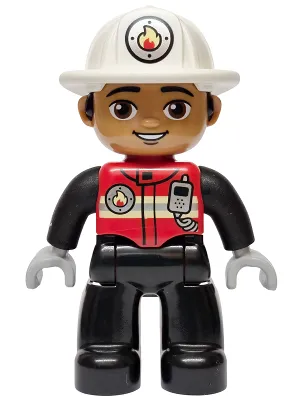 Duplo Figure Lego Ville, Male Firefighter, Black Legs, Red Vest with Silver Fire Badge and Radio, Medium Nougat Face, White Helmet with Fire Badge (6589646)