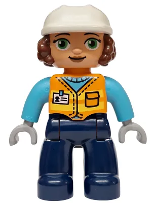 Duplo Figure Lego Ville, Female, Dark Blue Legs, Orange Vest with Name Tag Pattern, Medium Azure Shirt, Light Bluish Gray Hands, White Construction Helmet (6589830)