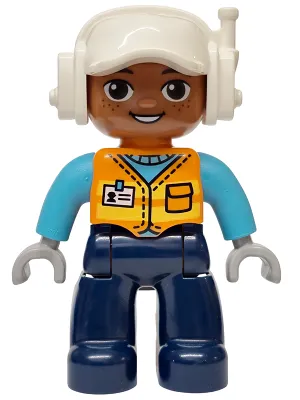 Duplo Figure Lego Ville, Male, Dark Blue Legs, Orange Vest with Name Tag Pattern, Medium Azure Arms, White Cap with Headset (6589826)