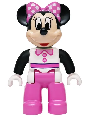 Duplo Figure Lego Ville, Minnie Mouse, White Top with Black Sleeves, Dark Pink Legs (6600689)