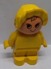 Duplo Figure, Child Type 1 Baby, Yellow Legs, Yellow Body, Yellow Bonnet, 3 Lines Eyebrows and Outlined Hair