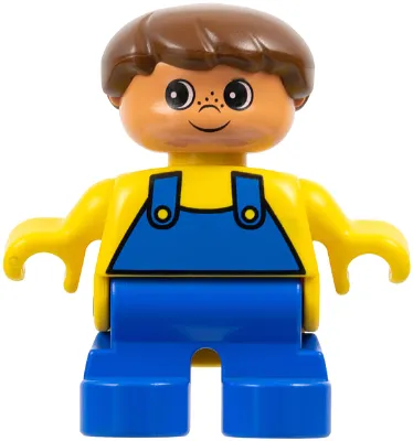 Duplo Figure - Male, Child Boy, Blue Legs, Yellow Top with Overalls Pattern, Brown Hair, Nougat Head (75487)