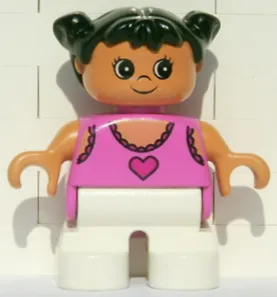 Duplo Figure, Child Type 2 Girl, White Legs, Dark Pink Lace Tank Top with Heart, Black Hair Pigtails