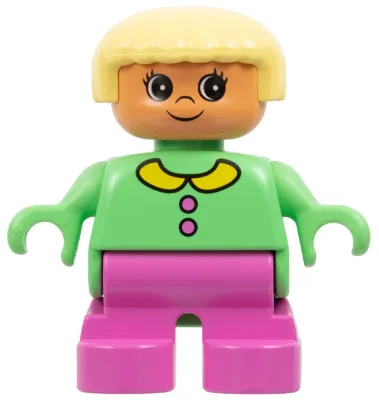 Duplo Figure - Female, Child Girl, Dark Pink Legs, Medium Green Top with Collar and Buttons Pattern, Light Yellow Hair, Nougat Head (75463)
