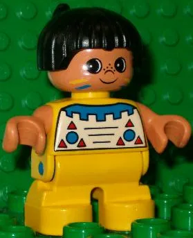 Duplo Figure, Child Type 2 Boy, Yellow Legs, Top with Geometric Pattern, Black Hair with Feather (Native American)